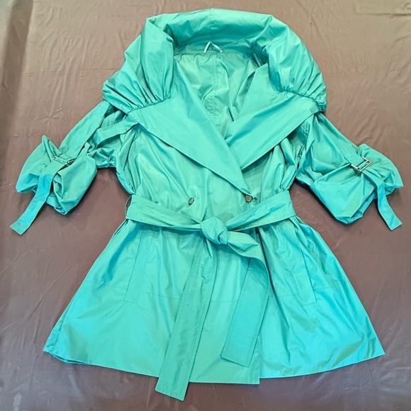 MaxMara Blue/Green Hood/Shawl Collar Trench Coat w/ Belted Waist Size 14/XL $ - Picture 2 of 16